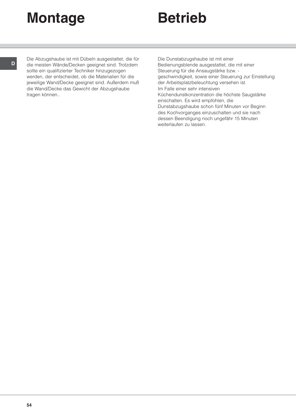 Montage betrieb | Hotpoint Ariston HL 61 IX User Manual | Page 54 / 64