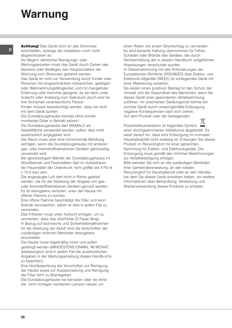Warnung | Hotpoint Ariston HL 61 IX User Manual | Page 56 / 64