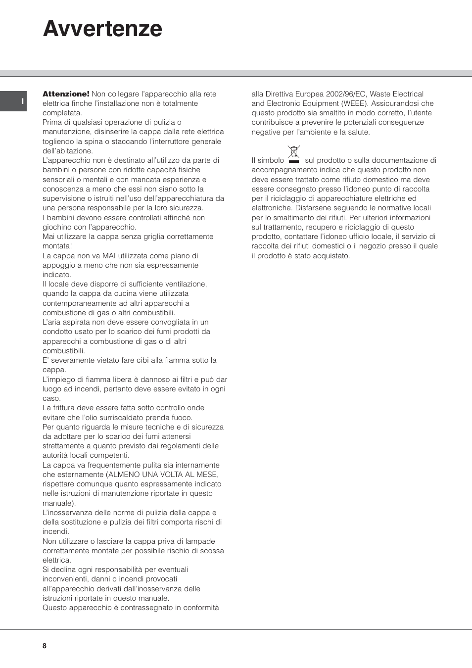 Avvertenze | Hotpoint Ariston HL 61 IX User Manual | Page 8 / 64