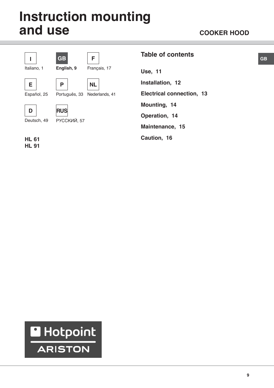 Instruction mounting and use | Hotpoint Ariston HL 61 IX User Manual | Page 9 / 64
