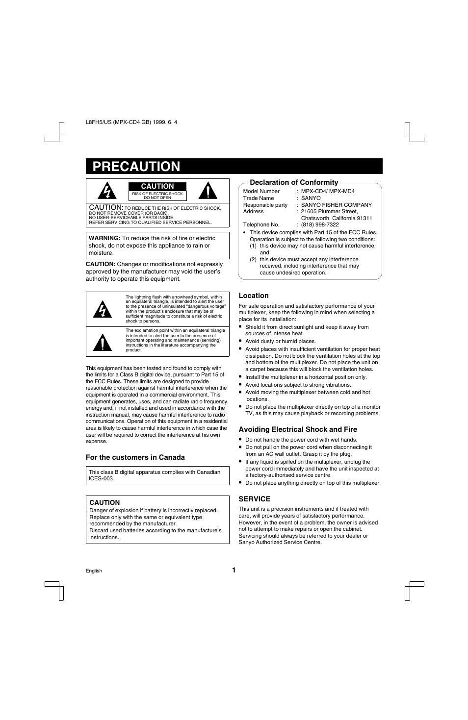 Precaution | Sanyo MPX-MD4 User Manual | Page 2 / 41