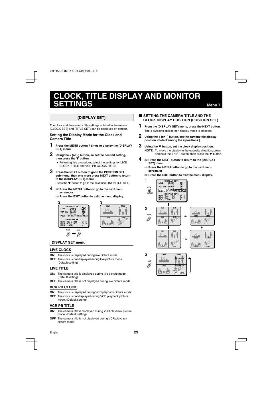 Clock, title display and monitor settings | Sanyo MPX-MD4 User Manual | Page 30 / 41