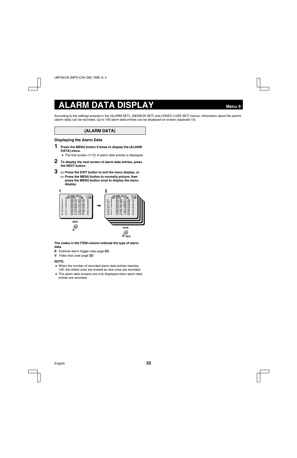 Alarm data display | Sanyo MPX-MD4 User Manual | Page 34 / 41