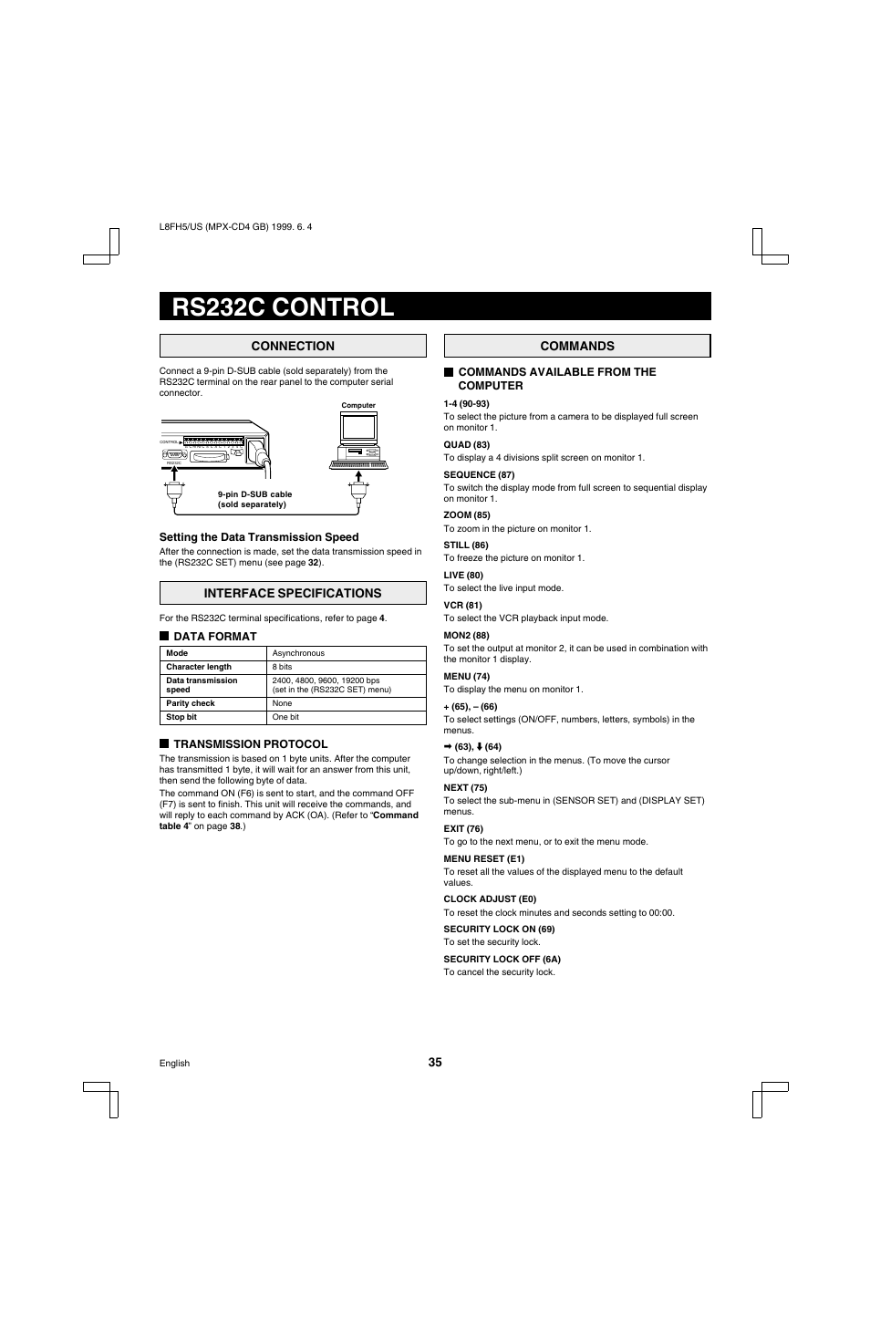 Rs232c control | Sanyo MPX-MD4 User Manual | Page 36 / 41
