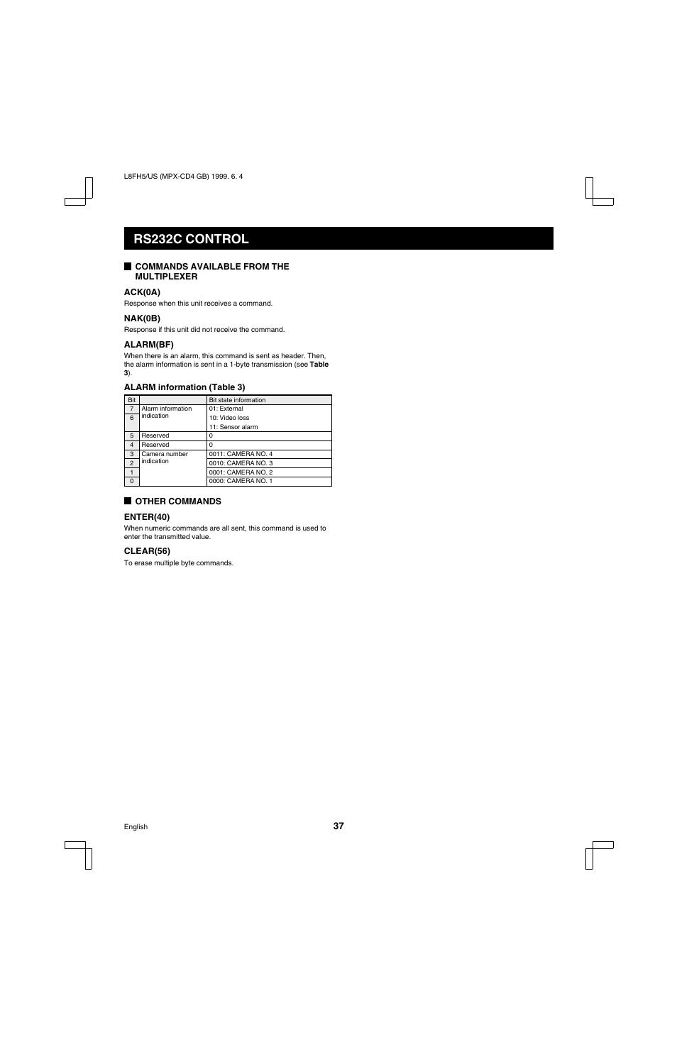 Rs232c control | Sanyo MPX-MD4 User Manual | Page 38 / 41