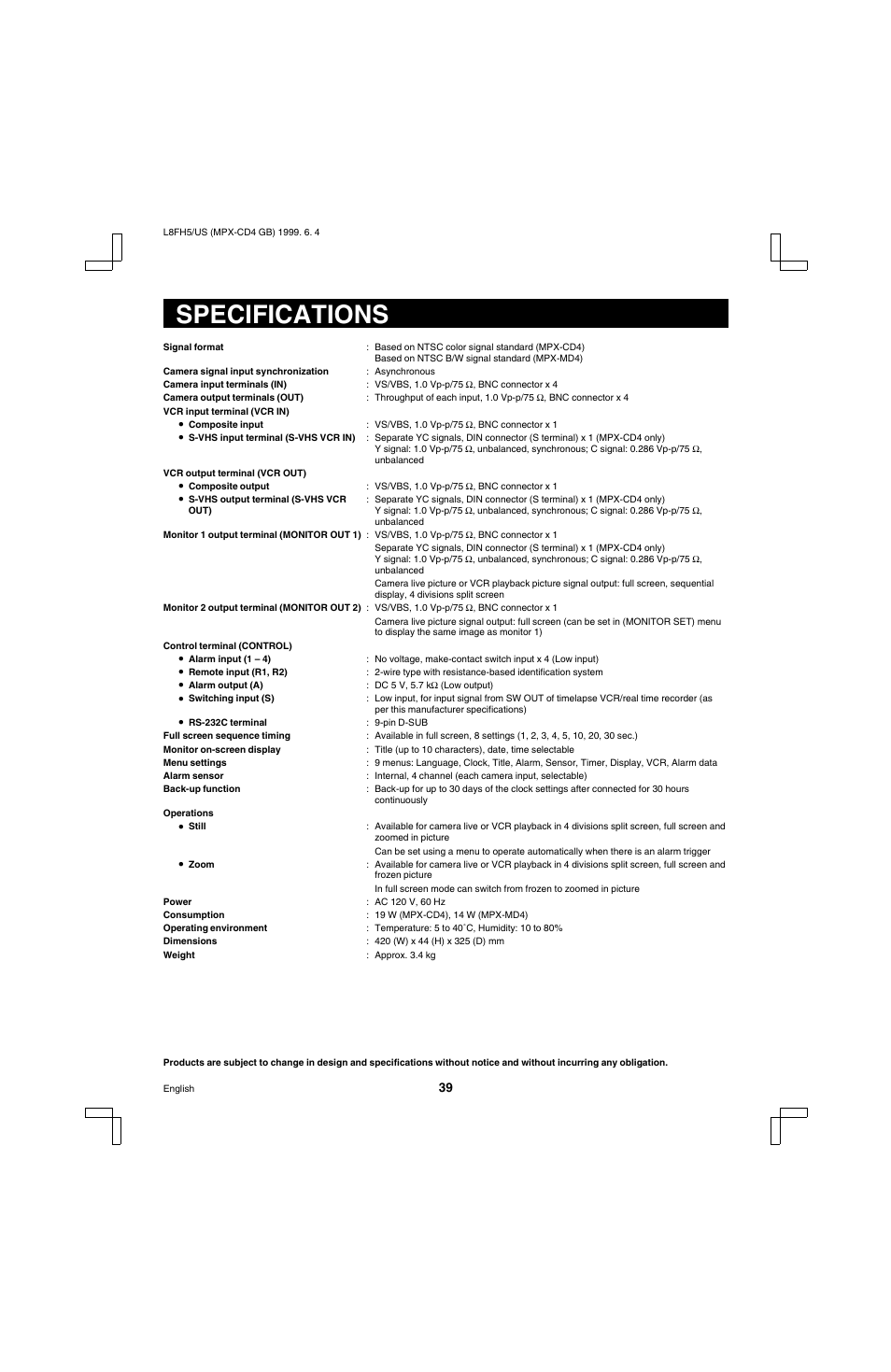 Specifications | Sanyo MPX-MD4 User Manual | Page 40 / 41