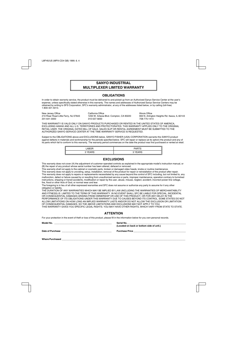 Sanyo industrial multiplexer limited warranty | Sanyo MPX-MD4 User Manual | Page 41 / 41