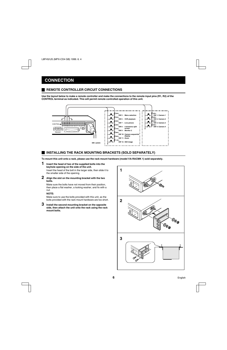 Connection, Remote controller circuit connections | Sanyo MPX-MD4 User Manual | Page 7 / 41
