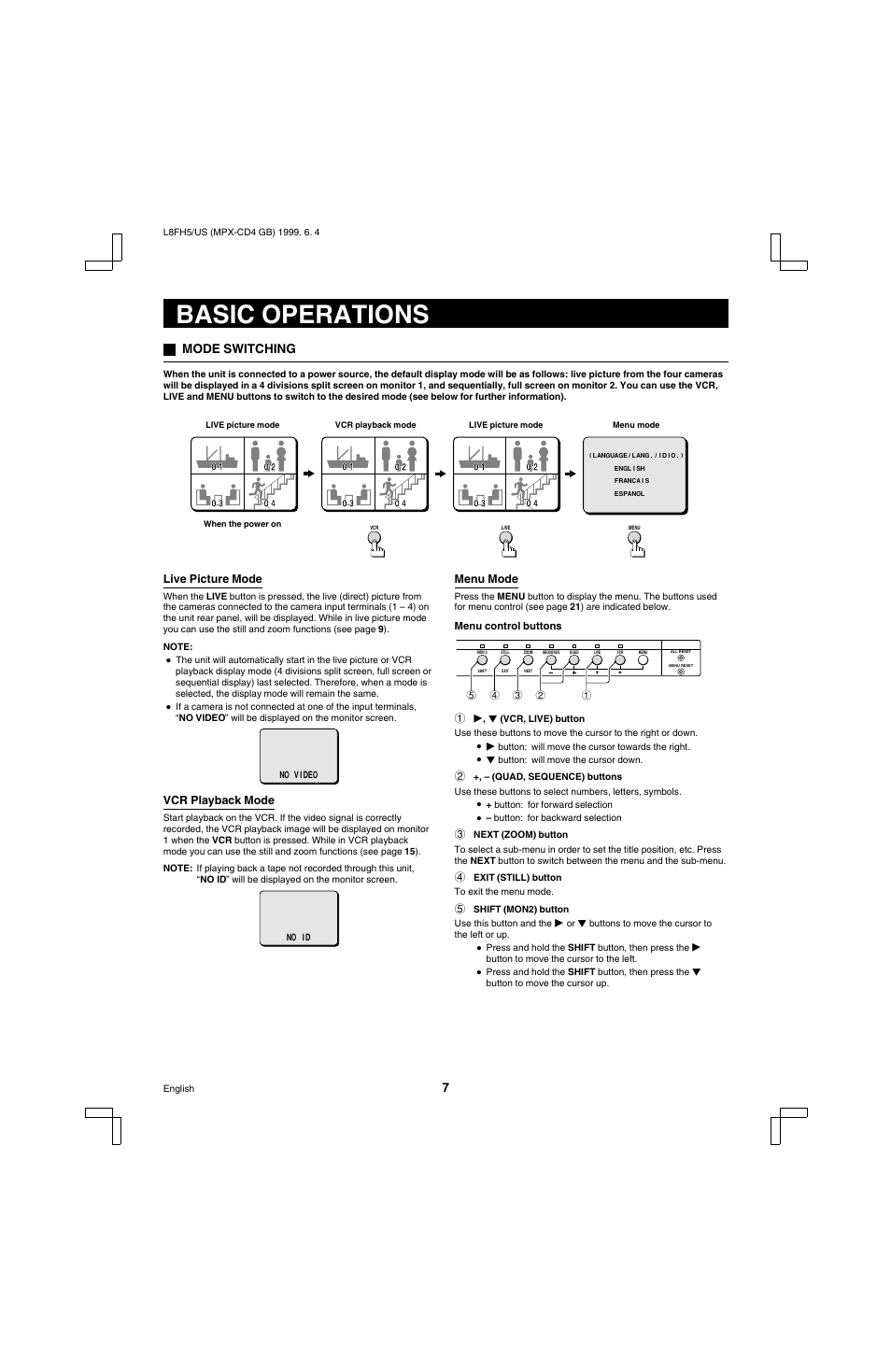 Basic operations, Mode switching | Sanyo MPX-MD4 User Manual | Page 8 / 41