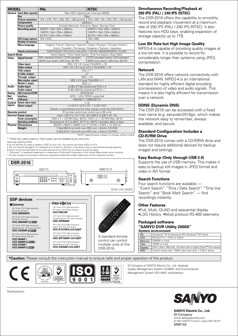 Dsr-2016, Ssp devices, Model | Ntsc | Sanyo DSR-2016 User Manual | Page 2 / 2