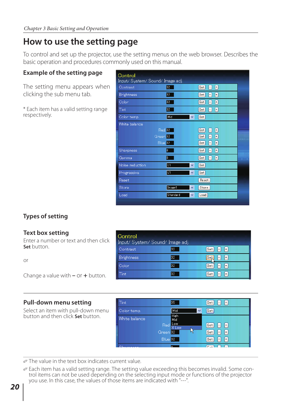 How to use the setting page | Sanyo PLC-WL2500 User Manual | Page 20 / 58