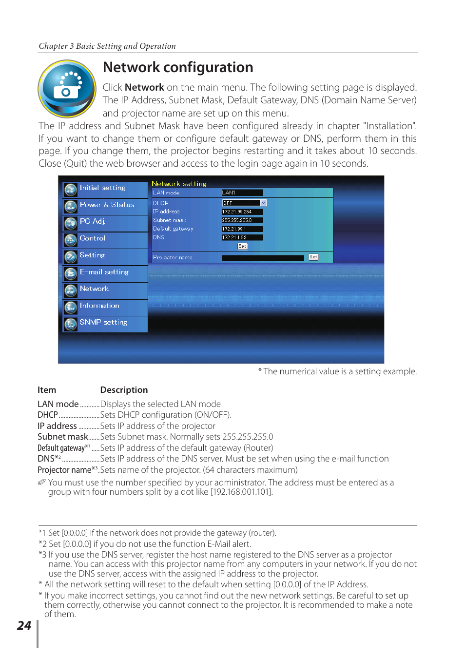 Network configuration | Sanyo PLC-WL2500 User Manual | Page 24 / 58