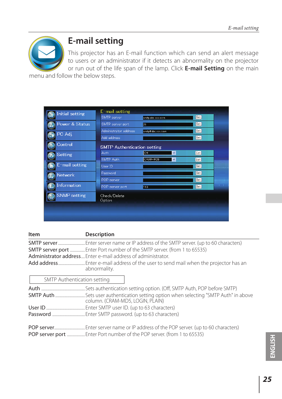 E-mail setting, English | Sanyo PLC-WL2500 User Manual | Page 25 / 58