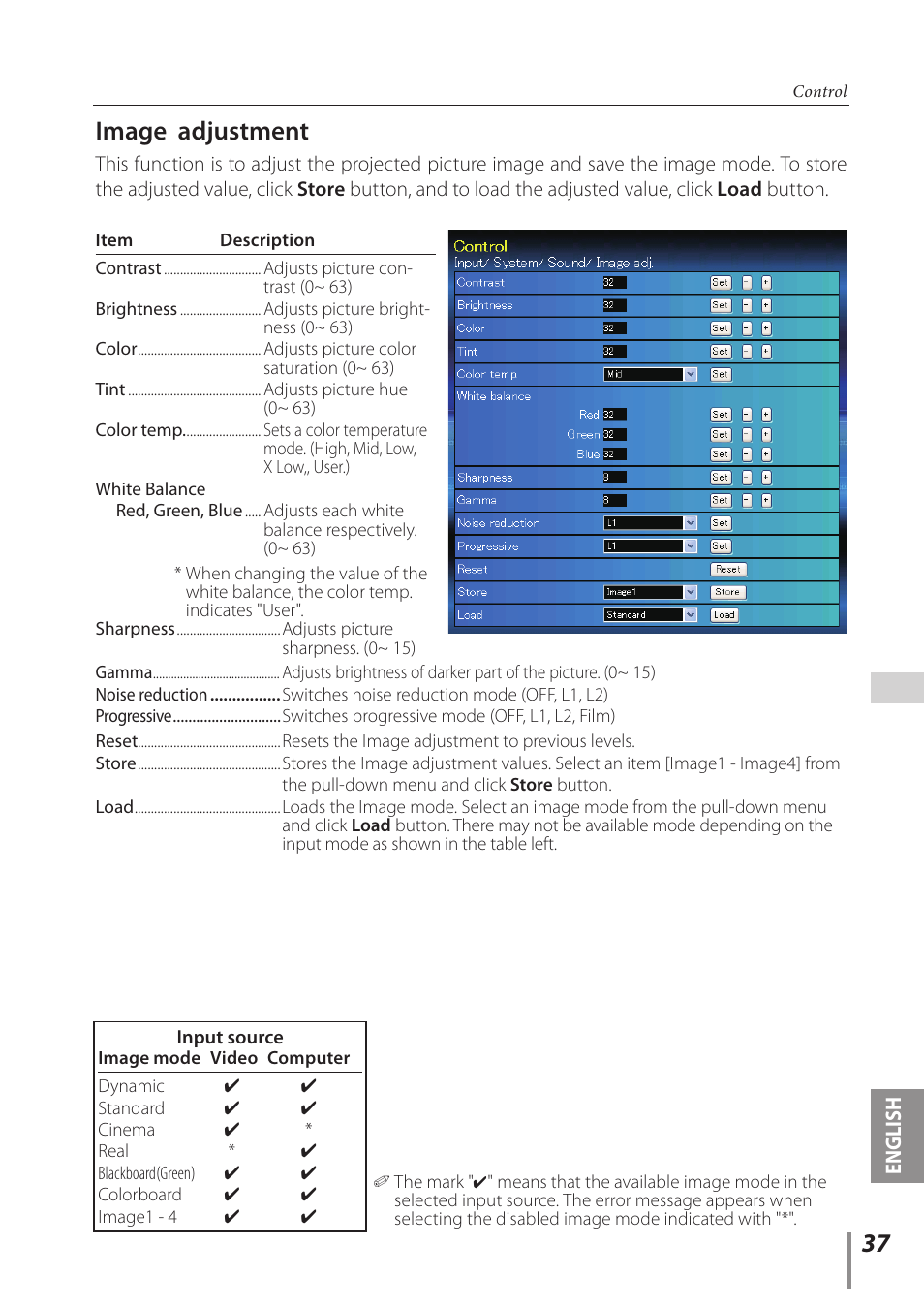 Image adjustment | Sanyo PLC-WL2500 User Manual | Page 37 / 58