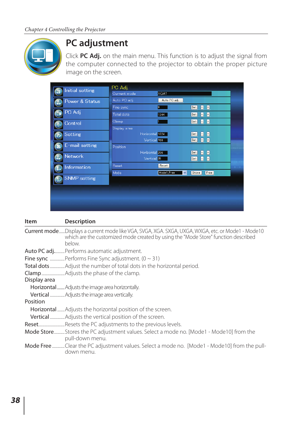 Pc adjustment | Sanyo PLC-WL2500 User Manual | Page 38 / 58