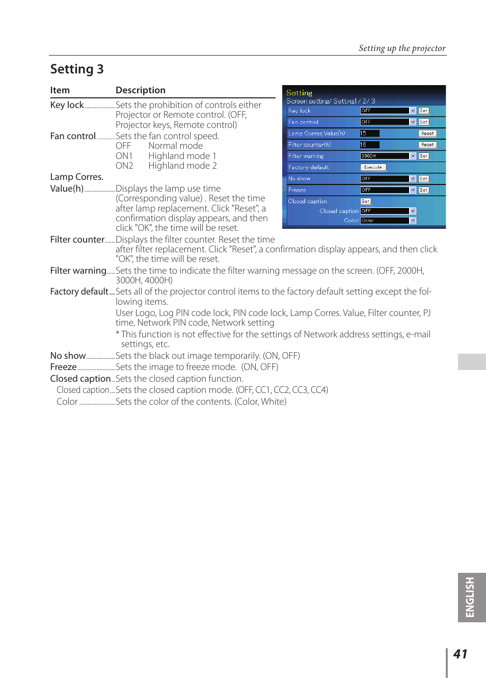 Setting 3 | Sanyo PLC-WL2500 User Manual | Page 41 / 58