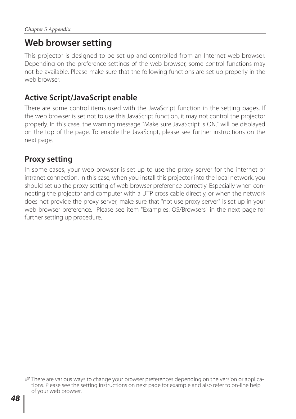 Web browser setting, Active script/javascript enable, Proxy setting | Sanyo PLC-WL2500 User Manual | Page 48 / 58