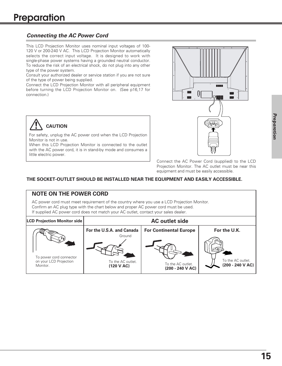 Preparation, Connecting the ac power cord | Sanyo PLV-55WM1 User Manual | Page 15 / 60