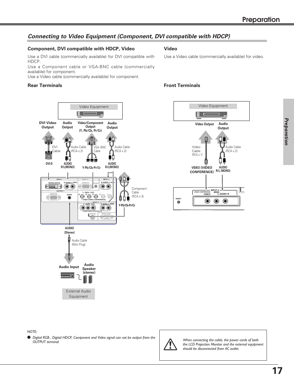Connecting to video equipmen, Connecting to video equipment, Preparation | Pr epar ation, Component, dvi compatible with hdcp, video, Rear terminals front terminals, Video | Sanyo PLV-55WM1 User Manual | Page 17 / 60