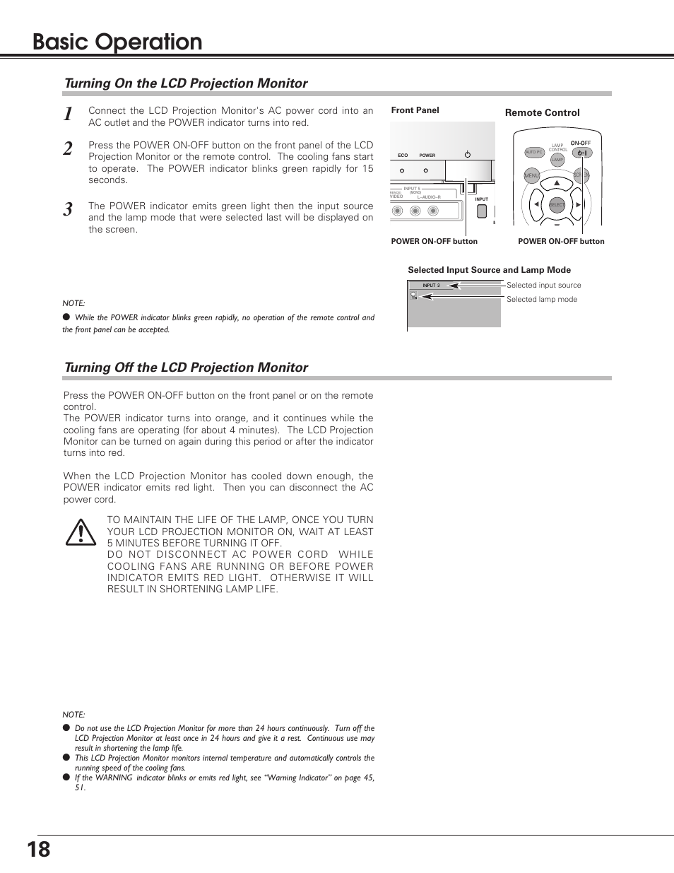 Basic operation, Turning on the lcd projectio, Turning off the lcd projecti | Turning on the lcd projection monitor, Turning off the lcd projection monitor | Sanyo PLV-55WM1 User Manual | Page 18 / 60