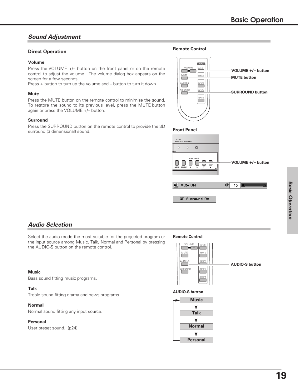 Sound adjustment, Audio selection, Basic operation | Audio selection sound adjustment, Basic oper ation, Direct operation | Sanyo PLV-55WM1 User Manual | Page 19 / 60