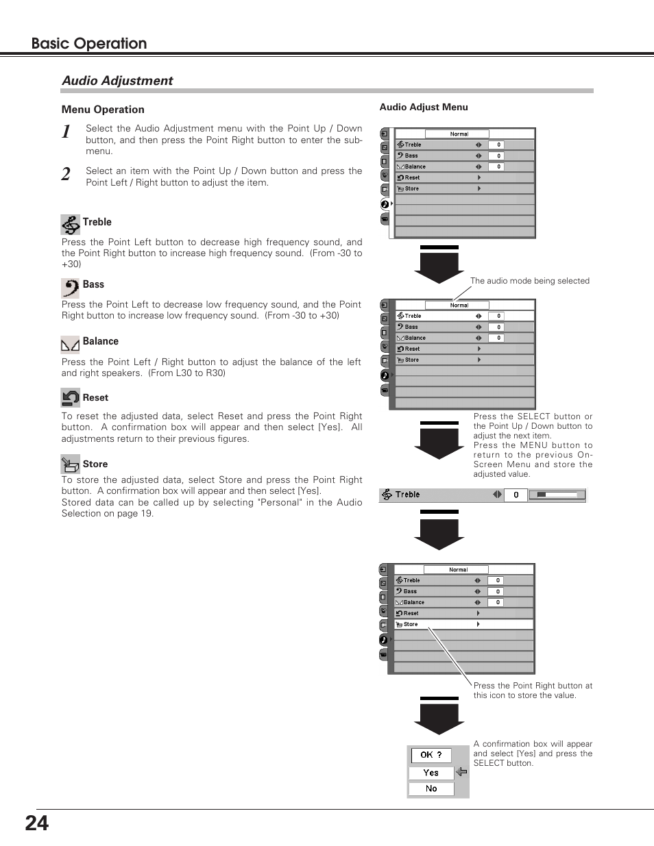 Audio adjustment, Basic operation | Sanyo PLV-55WM1 User Manual | Page 24 / 60