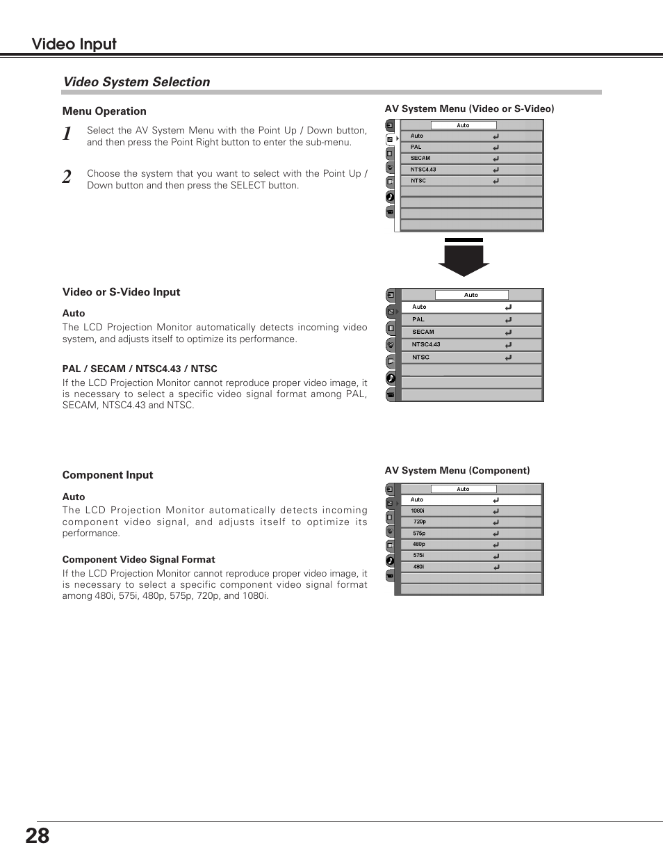 Video system selection, Video input | Sanyo PLV-55WM1 User Manual | Page 28 / 60