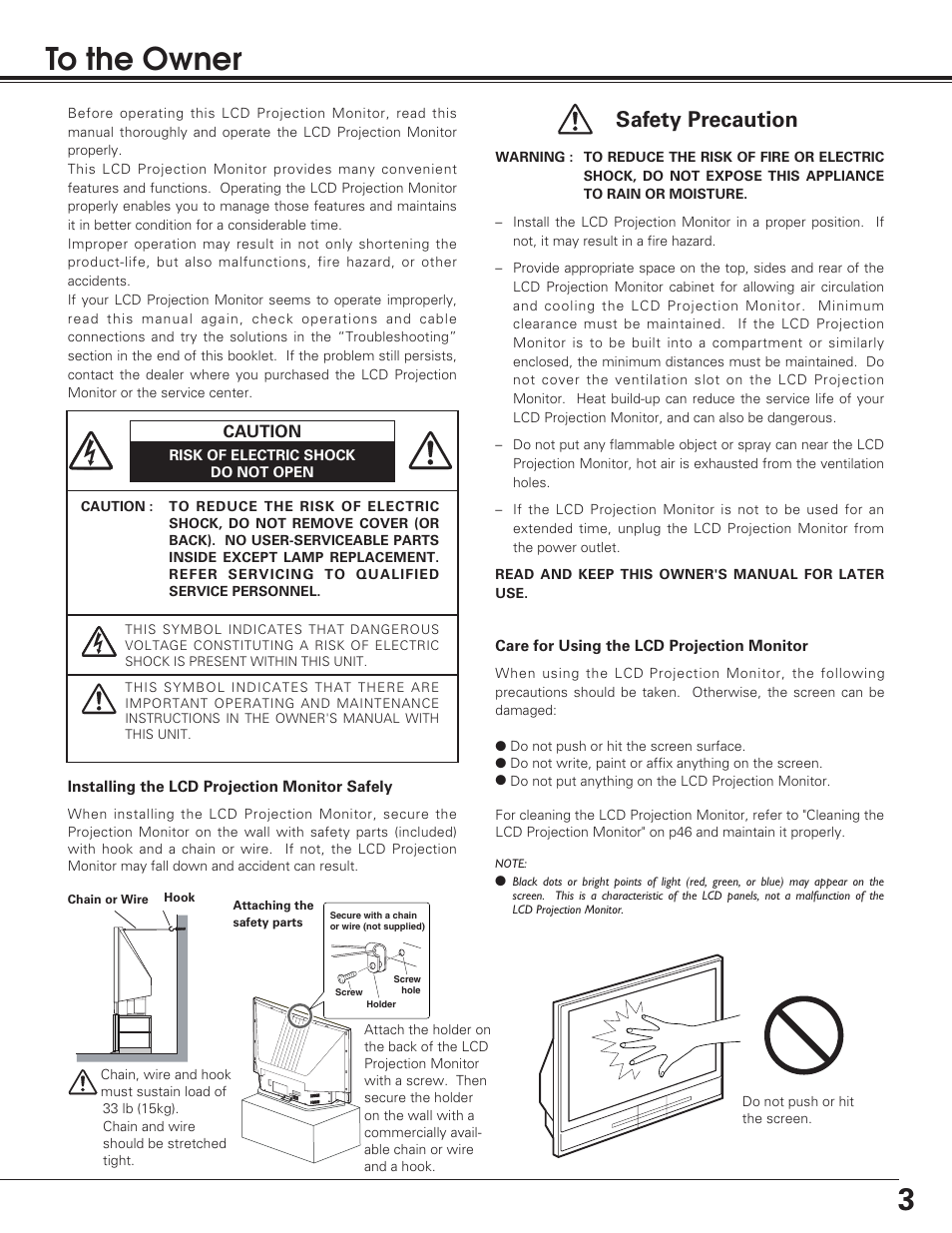 To the owner, 3to the owner, Safety precaution | Sanyo PLV-55WM1 User Manual | Page 3 / 60