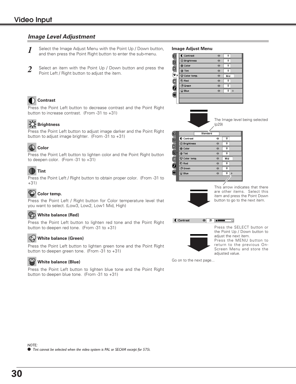 Image level adjustment, Video input | Sanyo PLV-55WM1 User Manual | Page 30 / 60