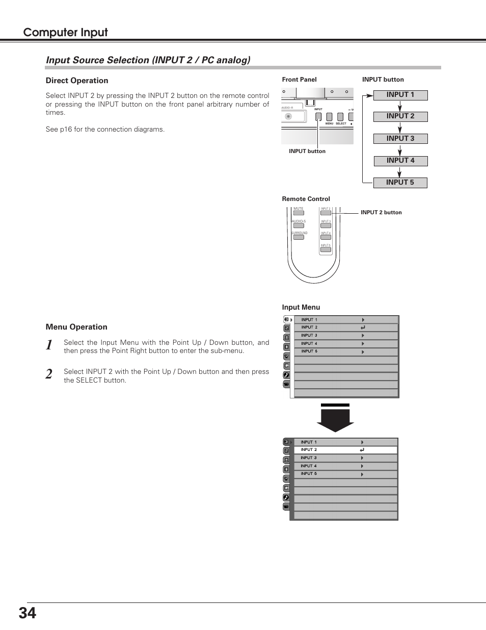 Input source selection (inpu, Input source selection (input 2 / pc analog), Computer input | Sanyo PLV-55WM1 User Manual | Page 34 / 60