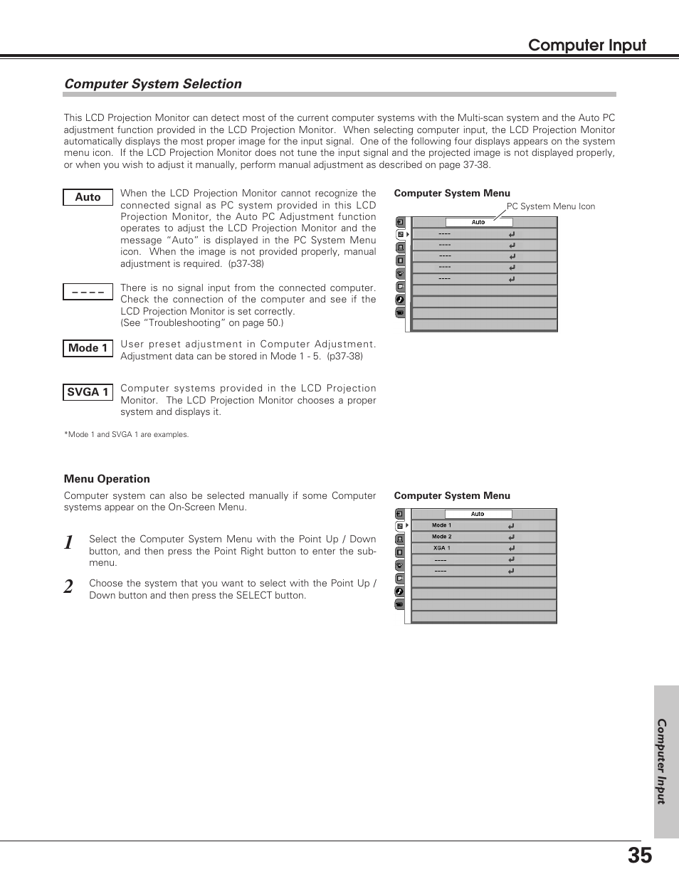 Computer system selection, Computer input | Sanyo PLV-55WM1 User Manual | Page 35 / 60