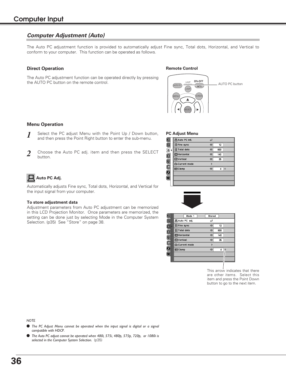 Computer adjustment (auto), Computer input | Sanyo PLV-55WM1 User Manual | Page 36 / 60