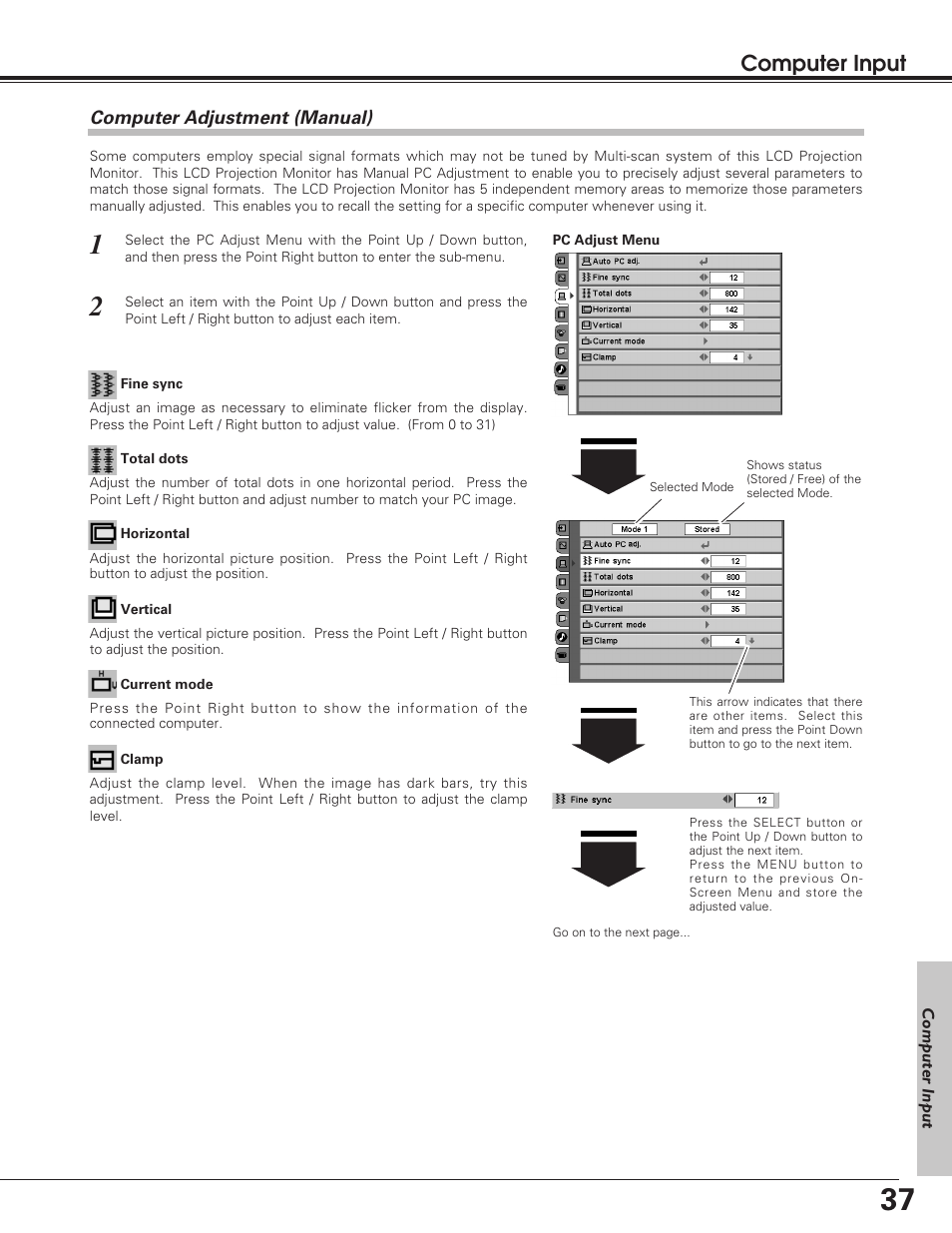 Computer adjustment (manual), Computer input | Sanyo PLV-55WM1 User Manual | Page 37 / 60