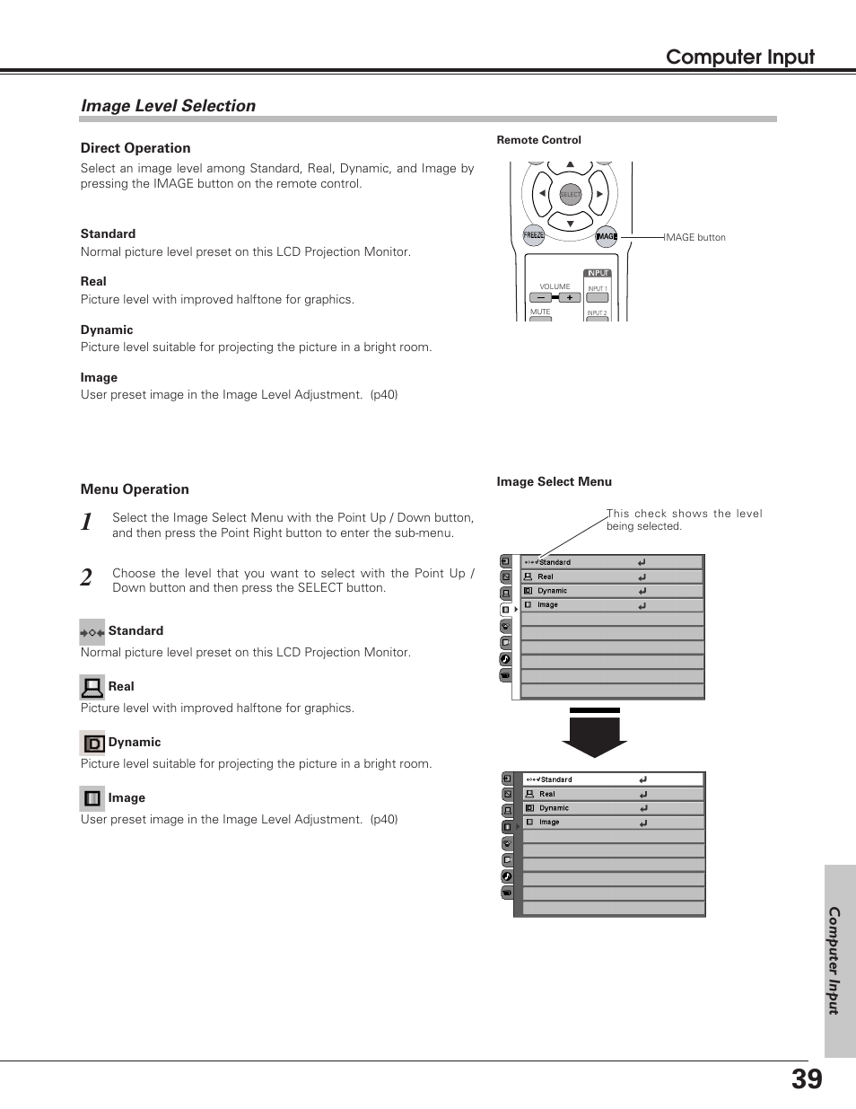 Image level selection, Computer input | Sanyo PLV-55WM1 User Manual | Page 39 / 60