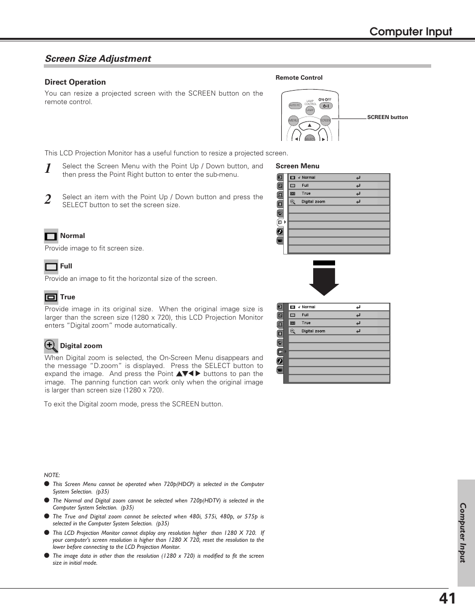 Screen size adjustment, Computer input | Sanyo PLV-55WM1 User Manual | Page 41 / 60
