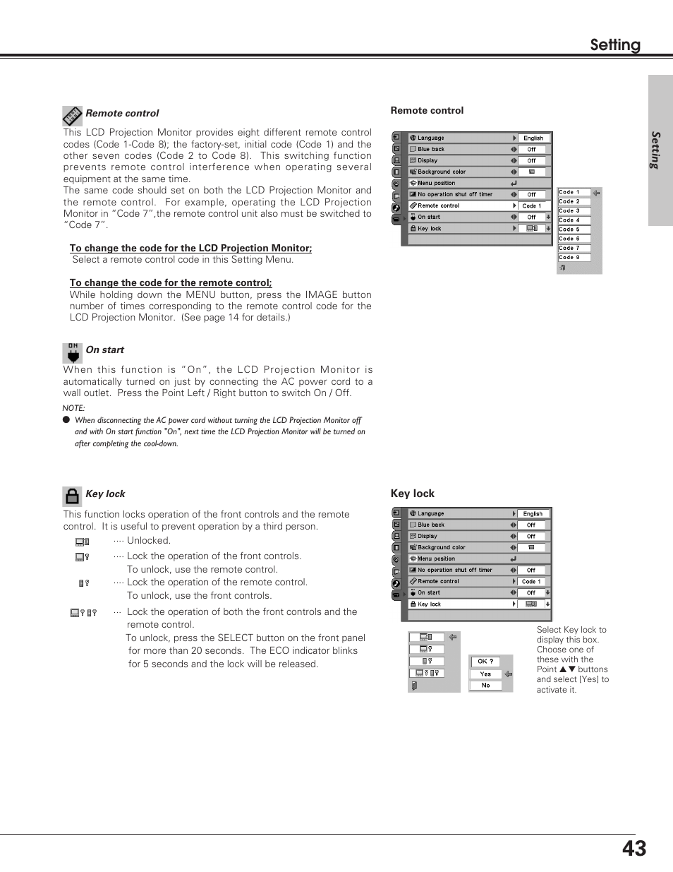 Setting | Sanyo PLV-55WM1 User Manual | Page 43 / 60