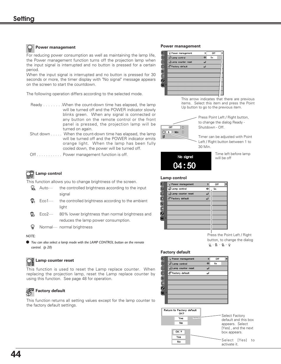 Setting | Sanyo PLV-55WM1 User Manual | Page 44 / 60