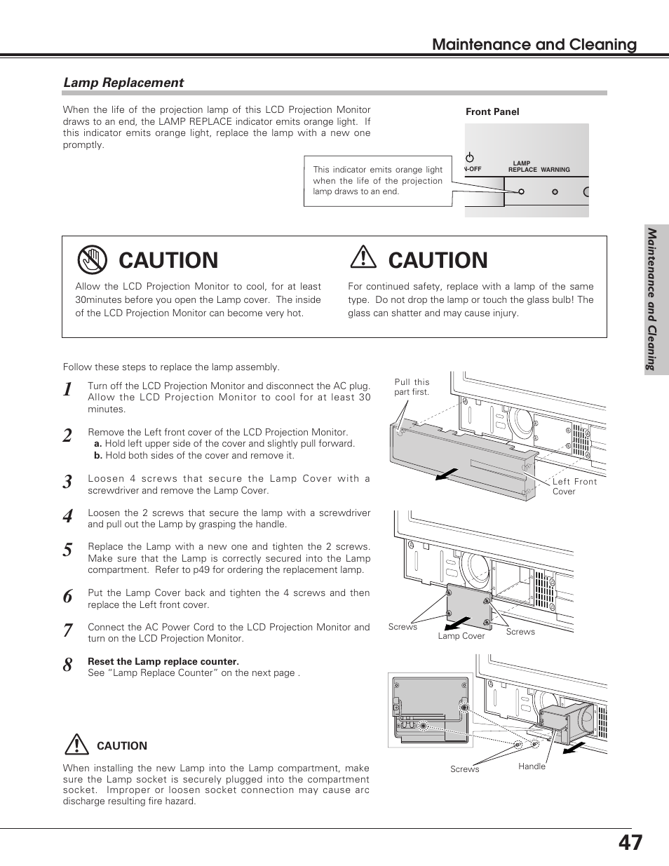 Lamp replacement, Caution, Maintenance and cleaning | Sanyo PLV-55WM1 User Manual | Page 47 / 60