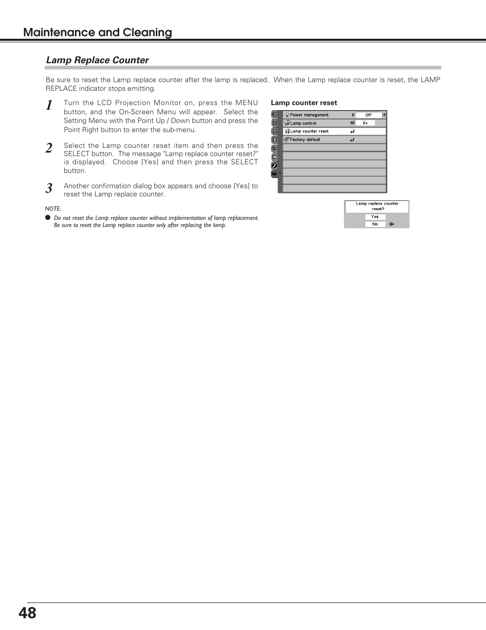 Lamp replace counter | Sanyo PLV-55WM1 User Manual | Page 48 / 60