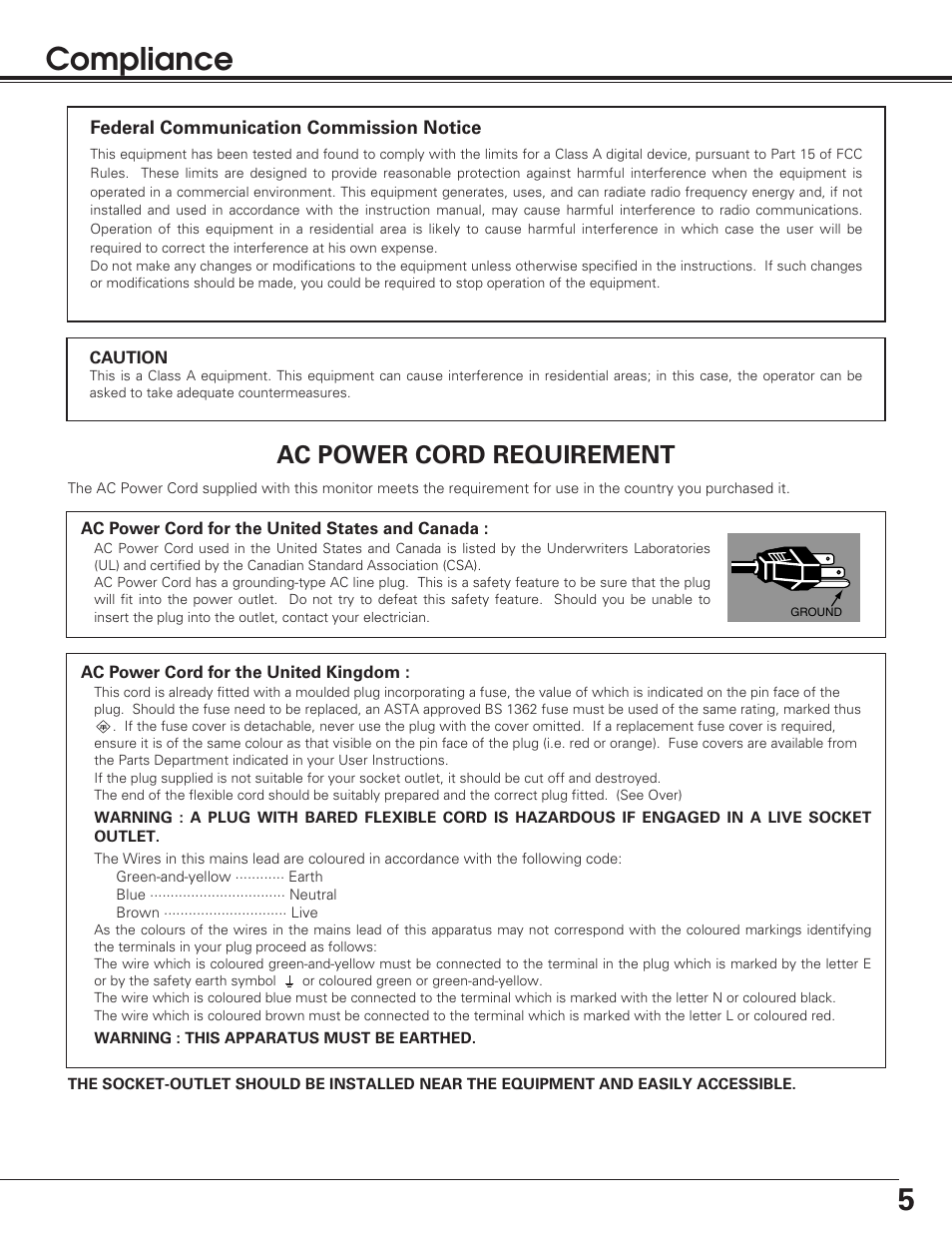 Compliance, 5compliance, Ac power cord requirement | Sanyo PLV-55WM1 User Manual | Page 5 / 60
