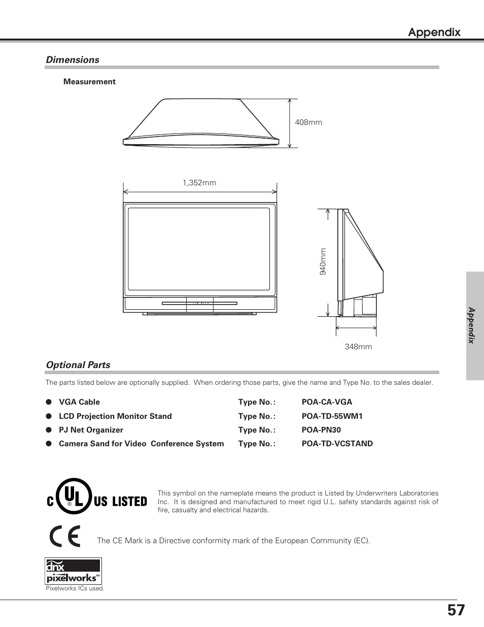 Dimensions, Optional parts, Appendix | Sanyo PLV-55WM1 User Manual | Page 57 / 60