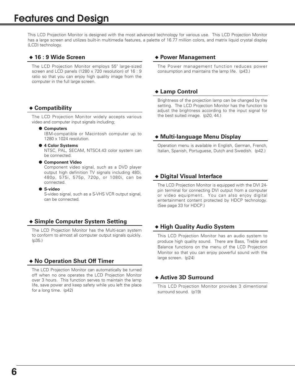 Features and design, 6features and design | Sanyo PLV-55WM1 User Manual | Page 6 / 60