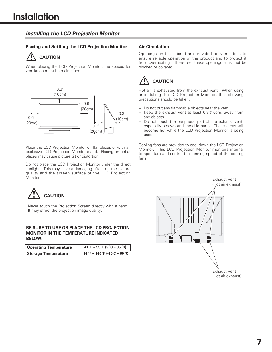 Installation, Installing the lcd projectio, Installing the lcd projection monitor | Sanyo PLV-55WM1 User Manual | Page 7 / 60