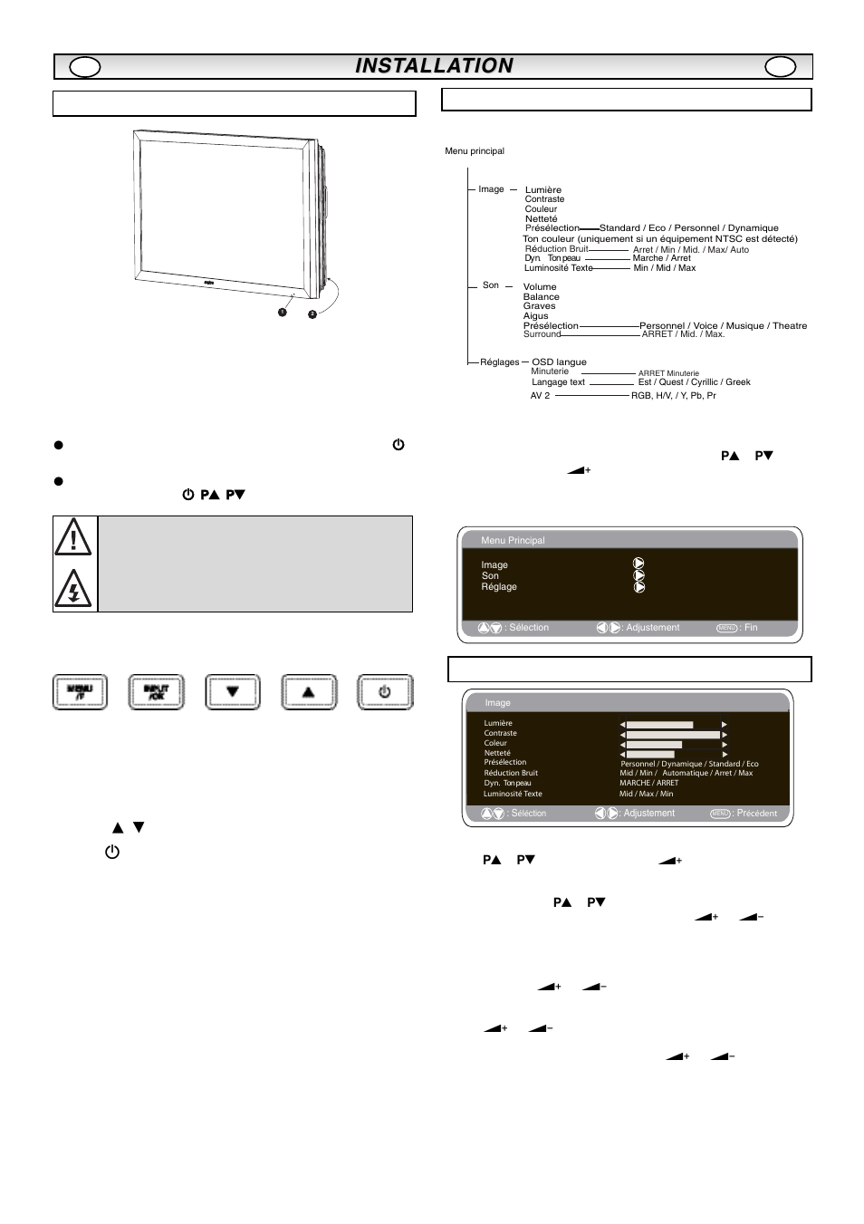 Inst, Inst alla alla tion tion, Commandes et terminaux | Menu image, Utilisation des menus, Mode de veille | Sanyo CE42LM5R User Manual | Page 18 / 68