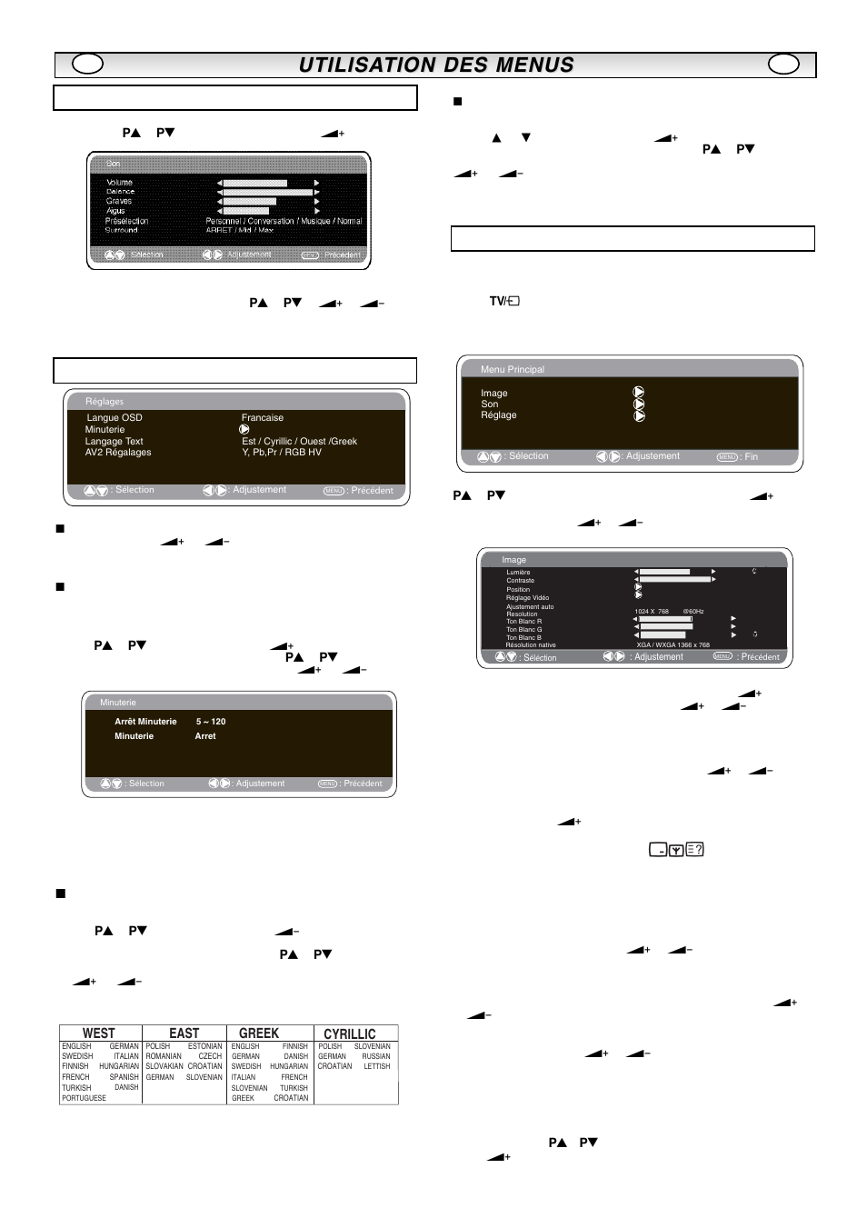 Utilisa, Utilisa tion des menus tion des menus, Réglages du menu pc | Menu réglages, Menu son, Ts e w, Ts a e, Langue | Sanyo CE42LM5R User Manual | Page 19 / 68