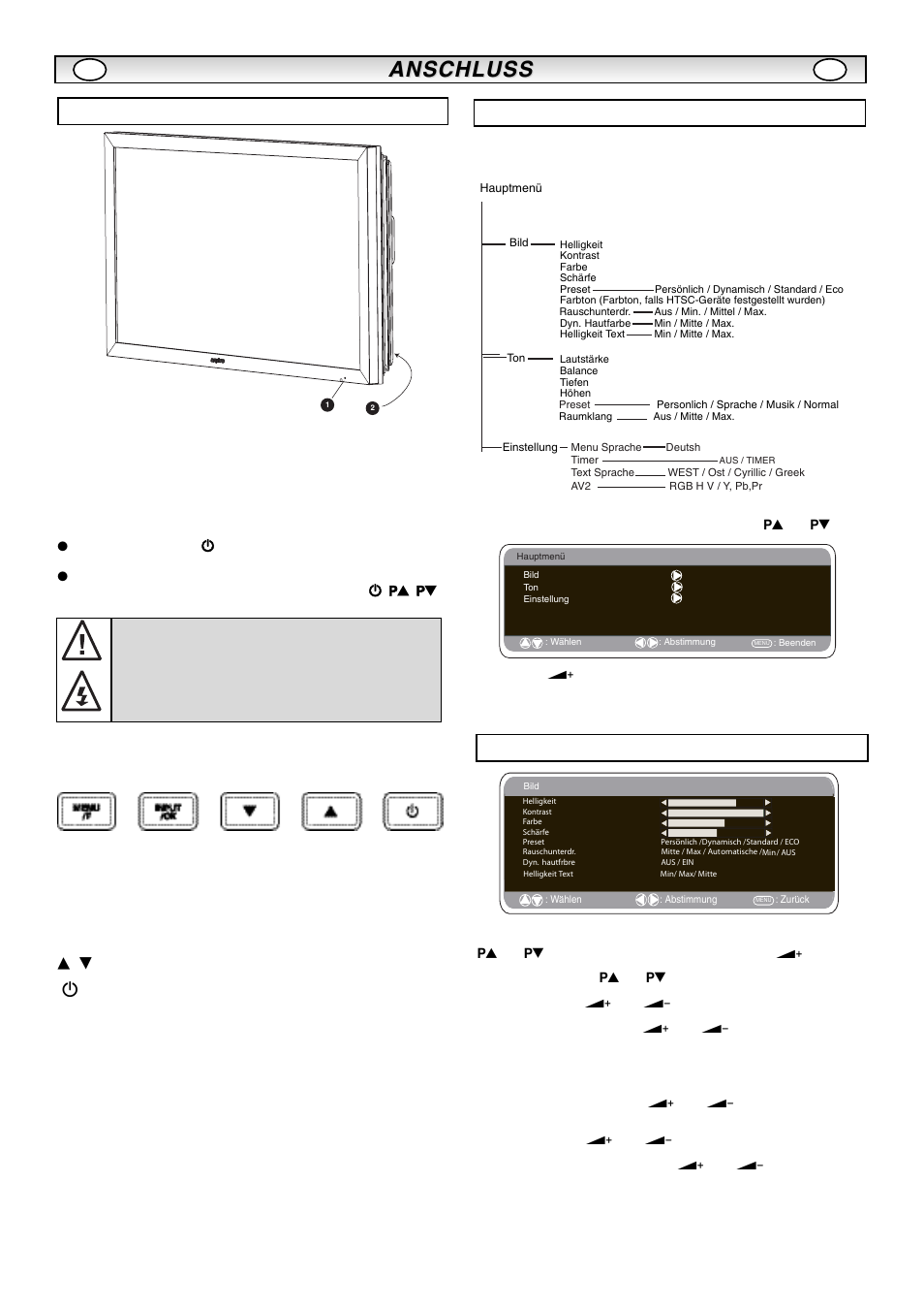 Anschluss, Anschlüsse, Menübetrieb | Bedienungselemente, Bild-menü, Schalten in den/aus dem standby-modus, Input/ok | Sanyo CE42LM5R User Manual | Page 28 / 68