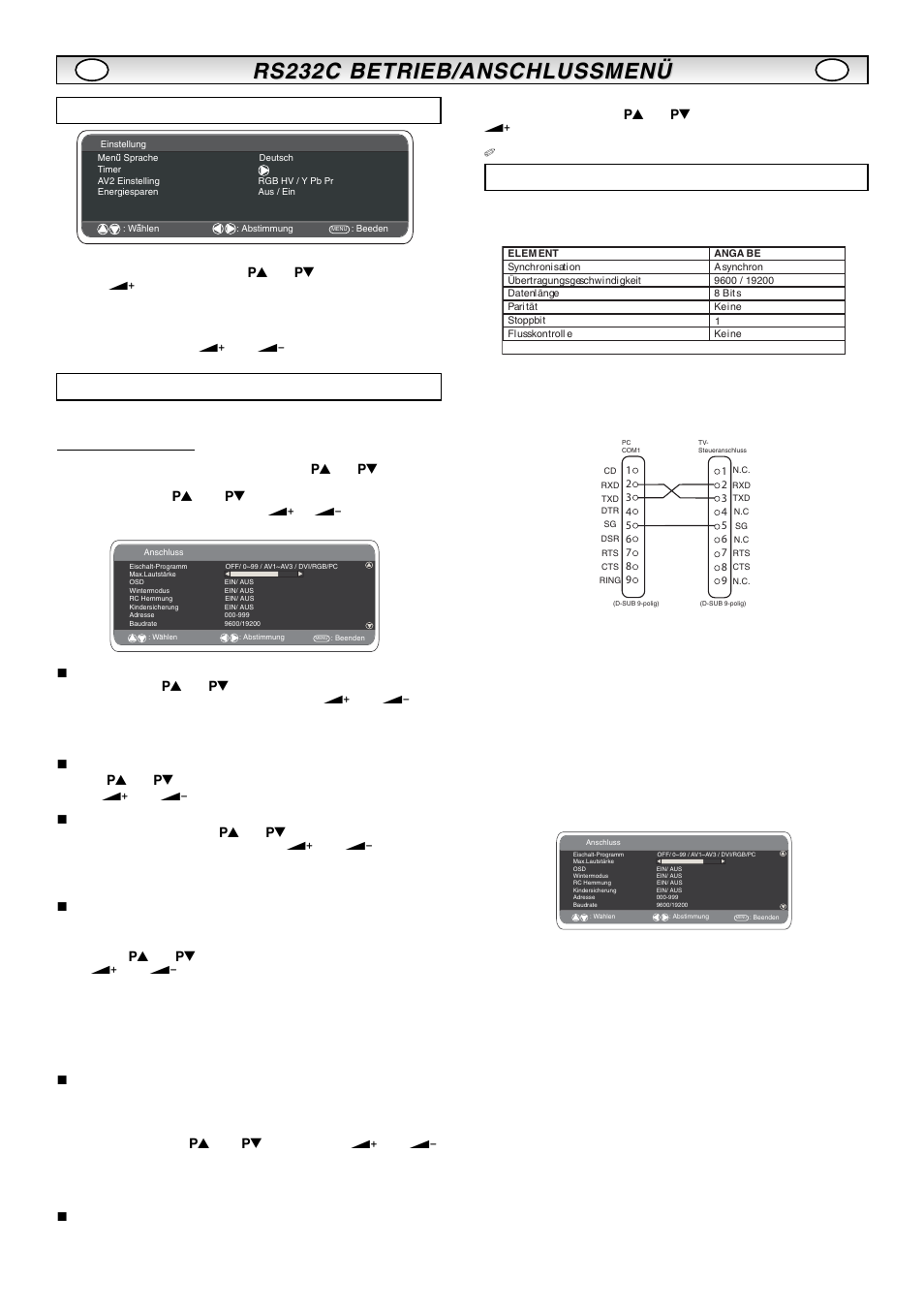 Rs232c betrieb/anschlussmenü, Anschlussmenü, Einstellungen pc-menü einstellungen rs232c | Einschalt-programm, Max lautstärke, Wintermodus | Sanyo CE42LM5R User Manual | Page 30 / 68