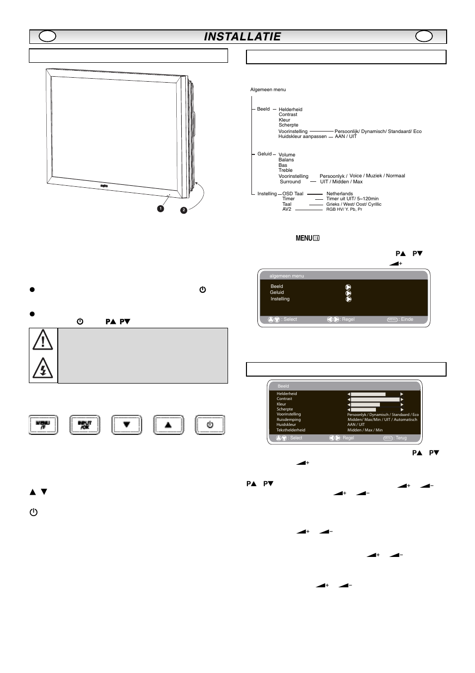 Inst, Inst alla alla tie tie, Bedieningsknoppen en menu’s | Beeldmenu, Menuwerking, Invoer/ ok knop, E d knoppen, 4knop | Sanyo CE42LM5R User Manual | Page 38 / 68