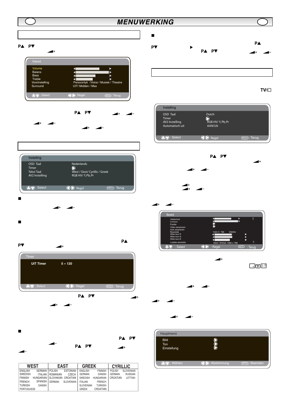 Menuwerking, Instellingenmenu, Menu-instellingen pc | Geluidsmenu, Ts e w, Ts a e | Sanyo CE42LM5R User Manual | Page 39 / 68