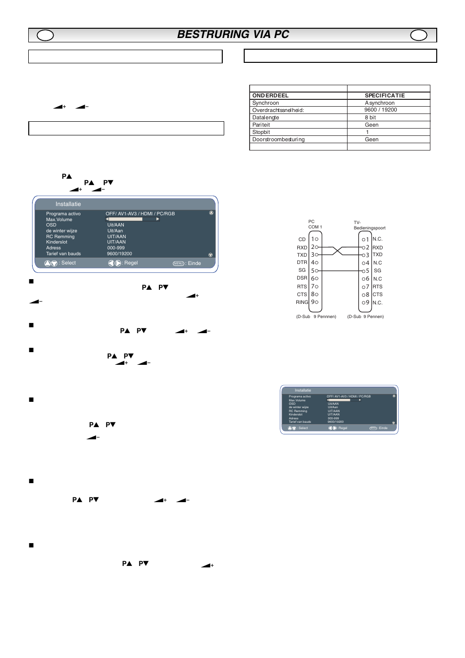 Bestruring via pc, Installatiemenu, Menu-instellingen pc instellingen rs232c | Sanyo CE42LM5R User Manual | Page 40 / 68